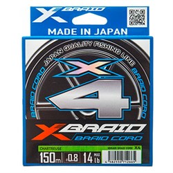 Шнур YGK X-Braid Braid Cord X4 150m Chartreuse #0.8, 0.148мм, 14lb, 6.3кг - фото 10675